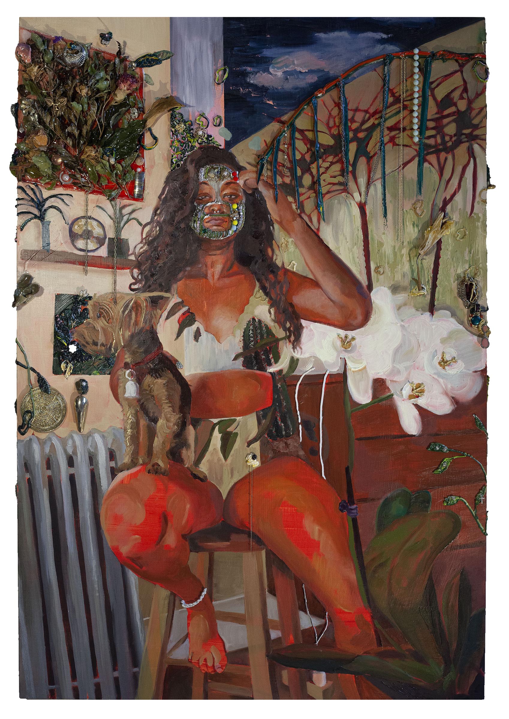 Gisela McDaniel, Look Out, oil on panel with found objects, 27 x 40 in , 2019