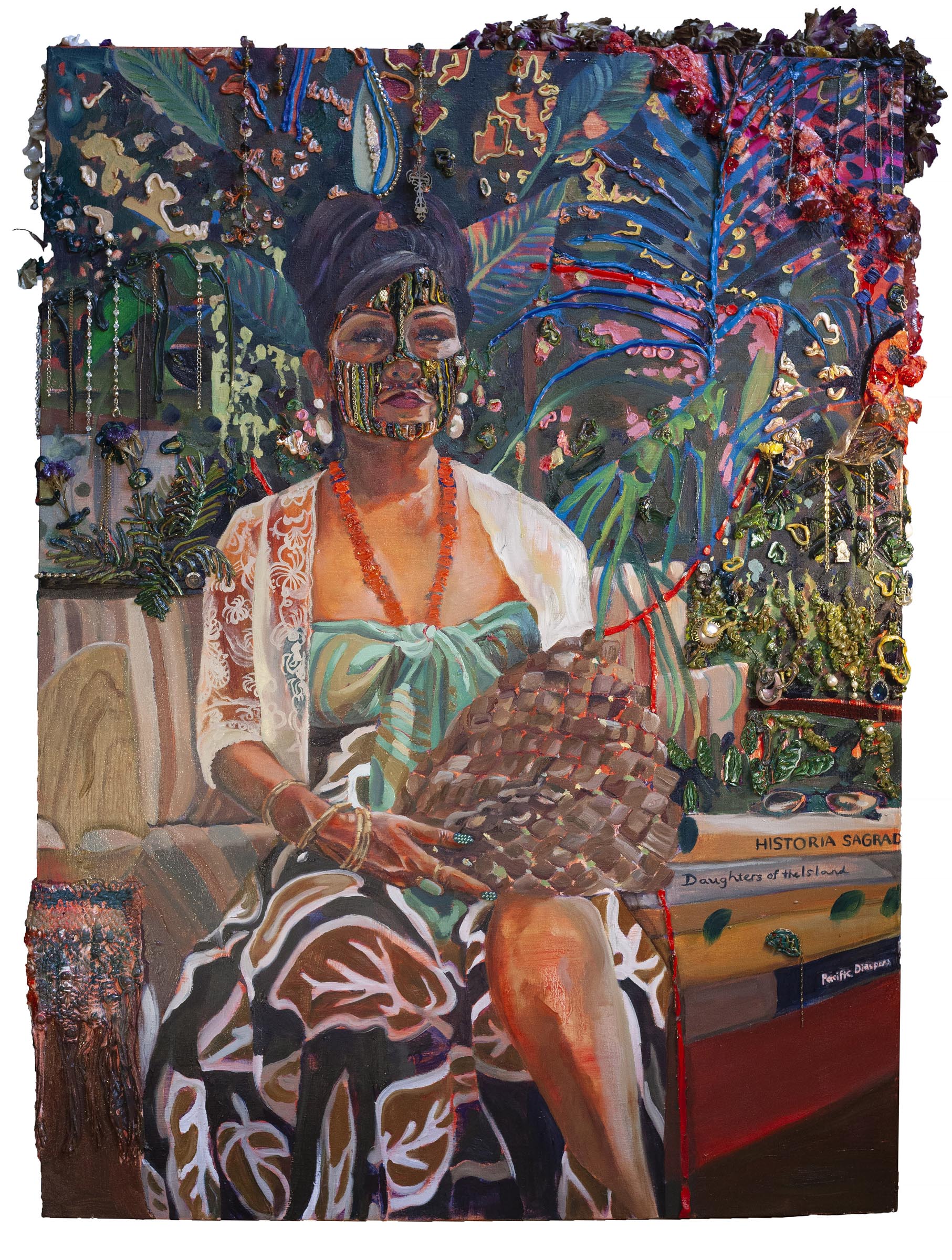Gisela McDaniel, Over My Måtai, oil on canvas with found objects, 32 x 44 x 5 in , 2019