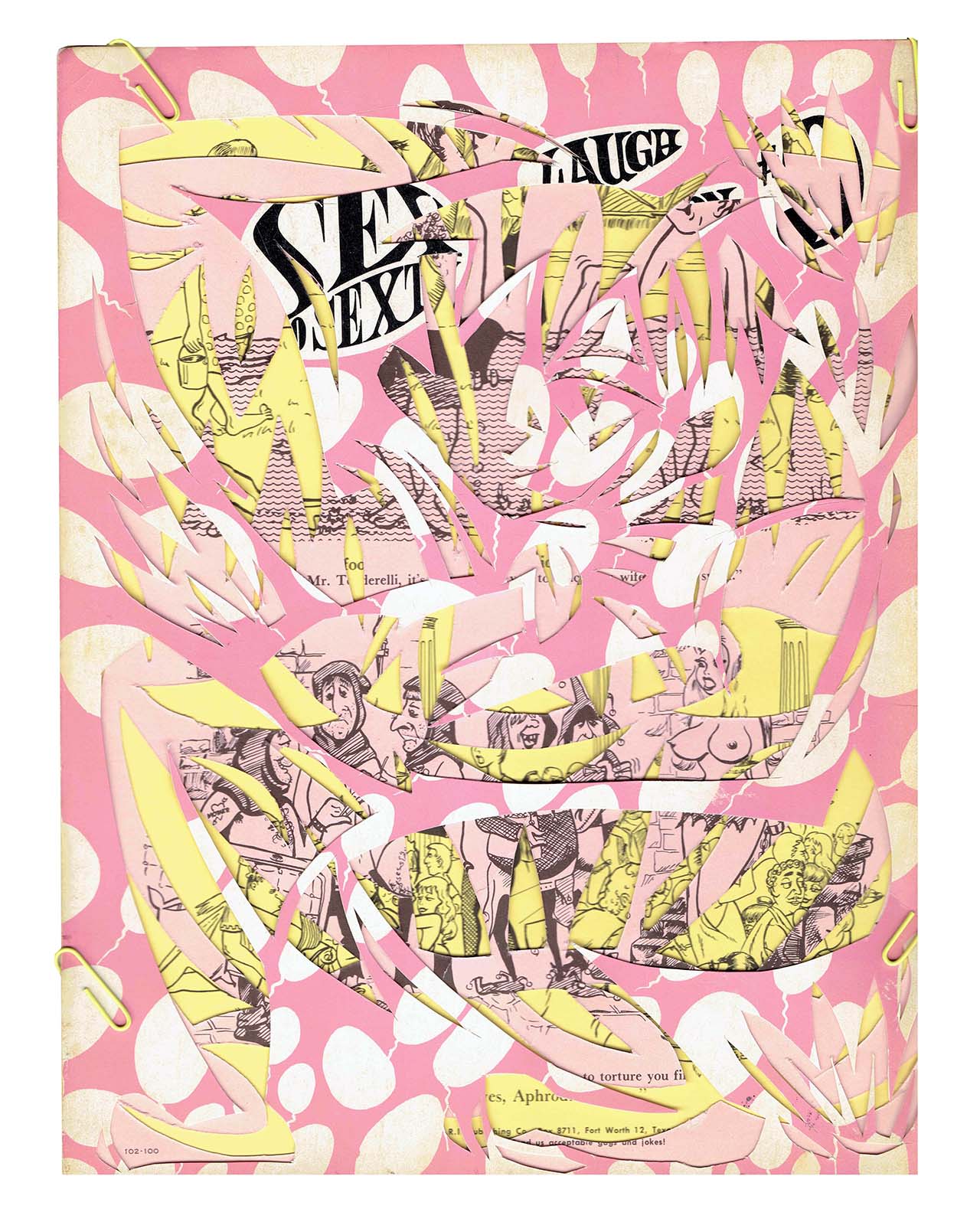 Chris Williford, Summer School (Sex Laugh) (2019), Collage with vintage magazine covers, colored paperclips