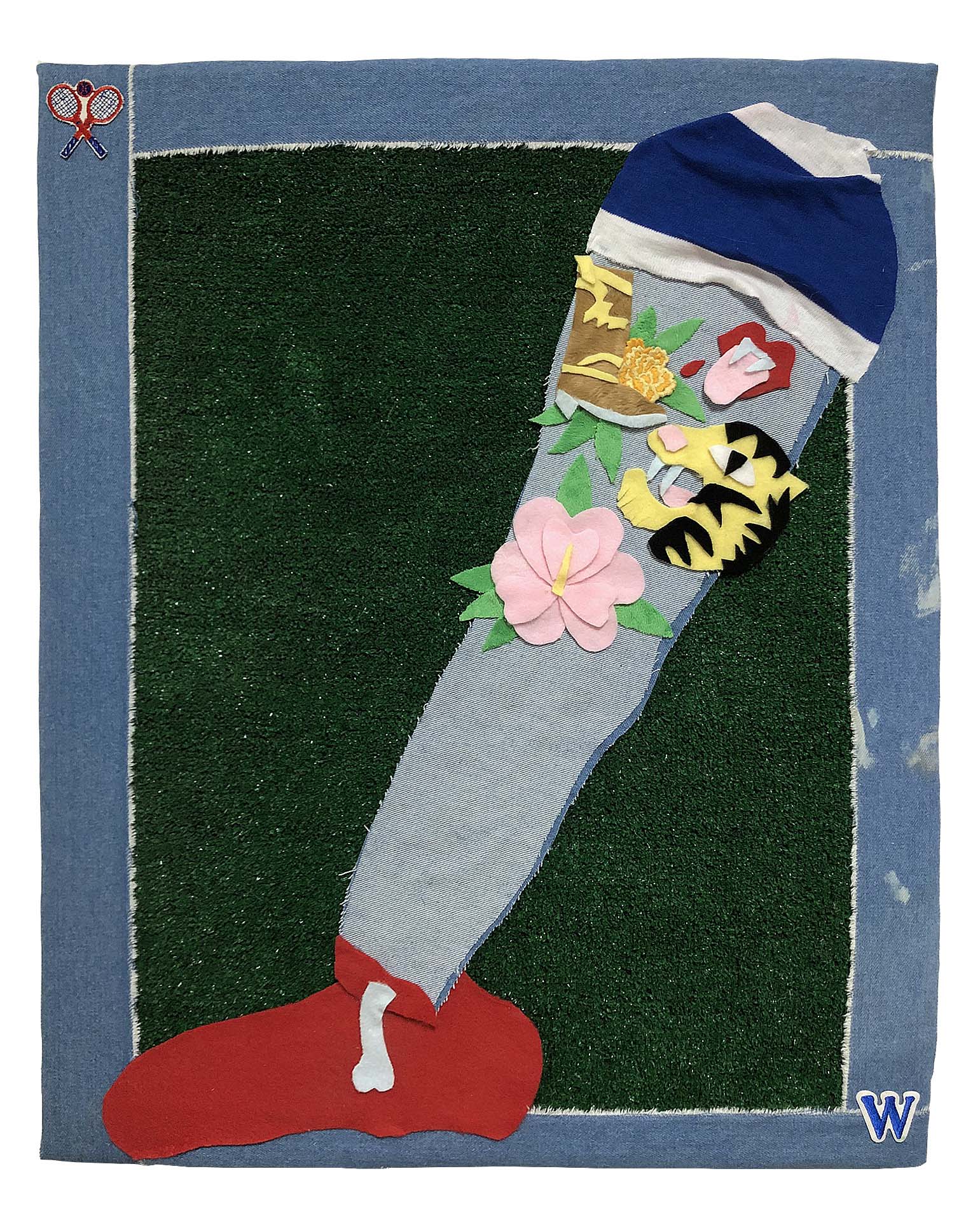 Chris Williford, Trophy (2019), Denim, fleece, jersey, faux fur, and astroturf on canvas with patches