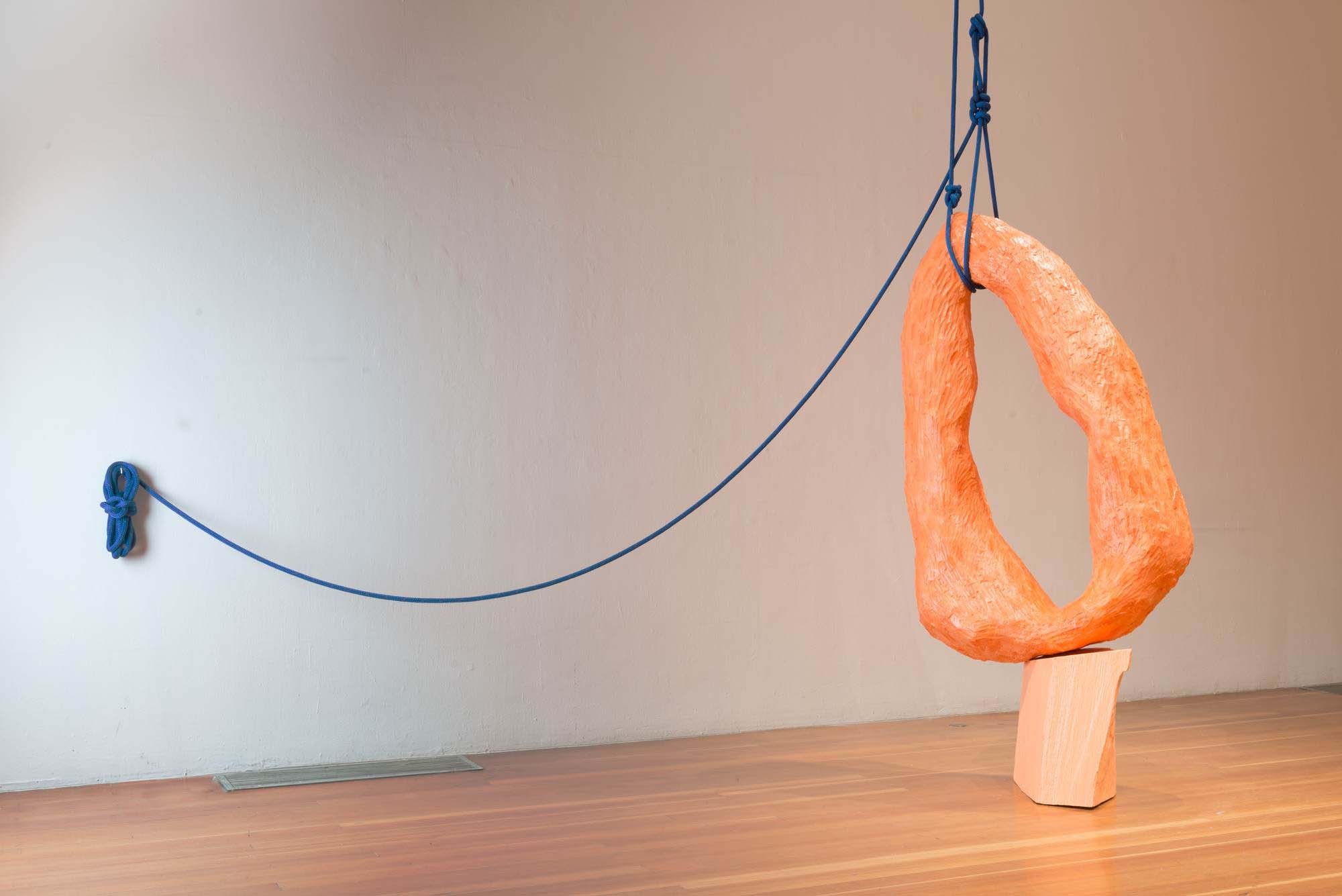 Kim Garcia, Boulders resting on a blade, Forton, acrylic latex paint, rope and wood. 2018