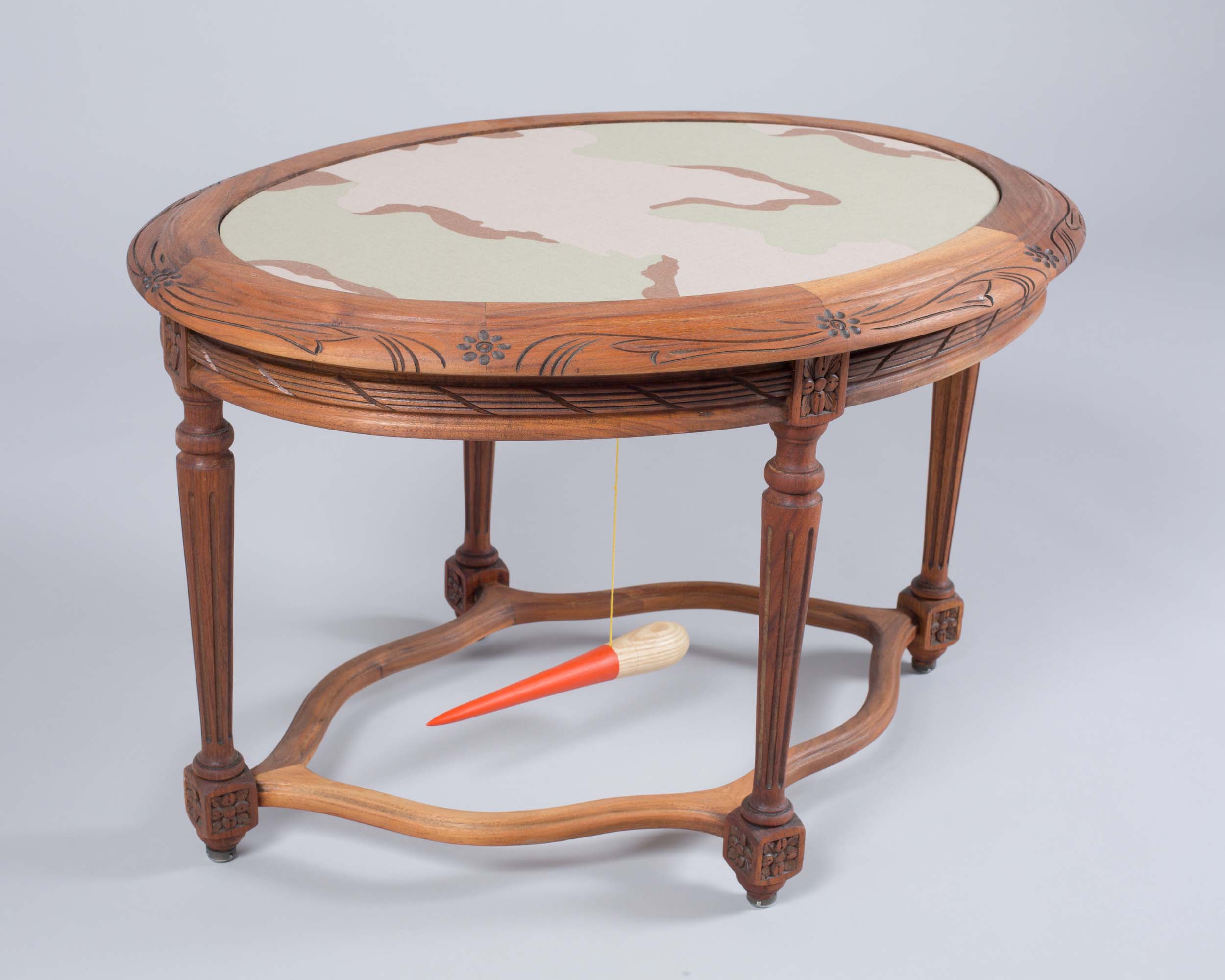 Mark Baugh-Sasaki, Three Tone Landscape Wooden table, three tone camouflage, oak needle, magnet 18” x 32” x 16” 2019