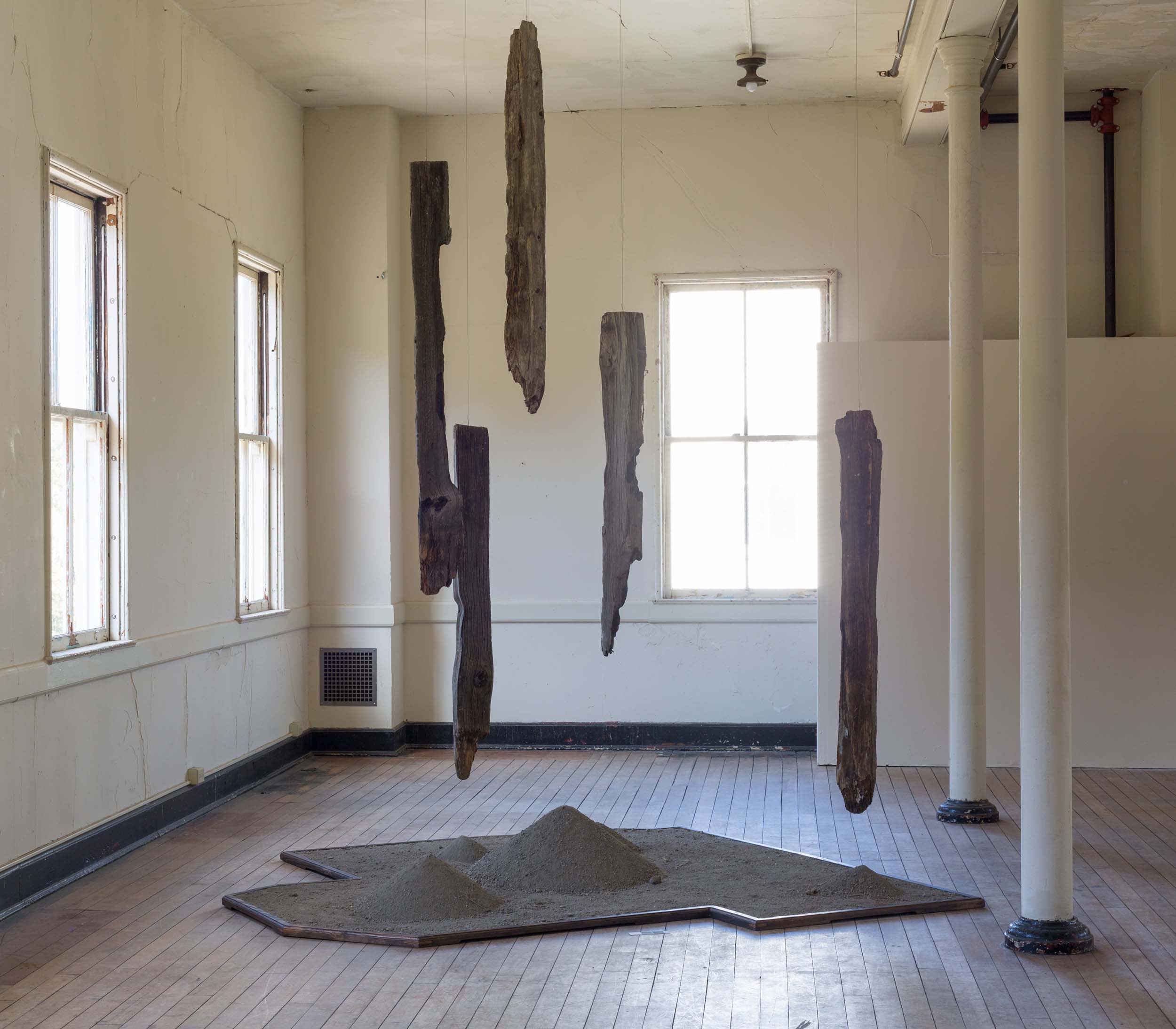 Mark Baugh-Sasaki, Uprooted Fence posts and earth from Tulelake Segregation Center, and steel cable 120
