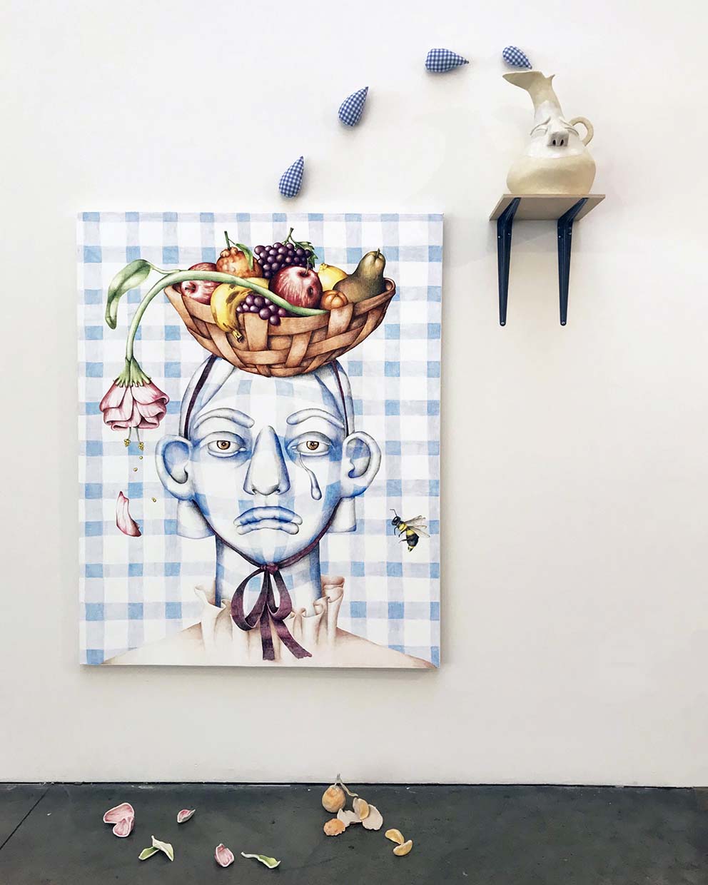 Samantha Rosenwald, Wêt Galante, 2018, colored pencil on canvas, colored pencil and glaze on ceramic, fabric, wood, canvas: 48x60